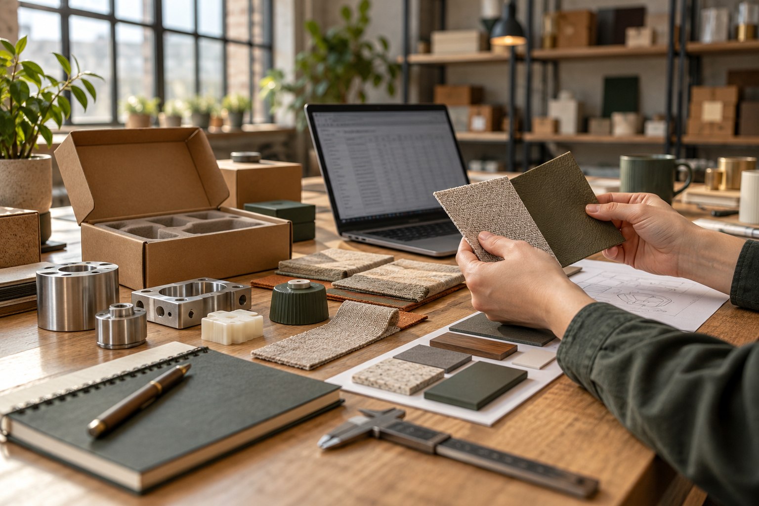 Illustrative China sourcing workspace with sample materials, parts and packing references